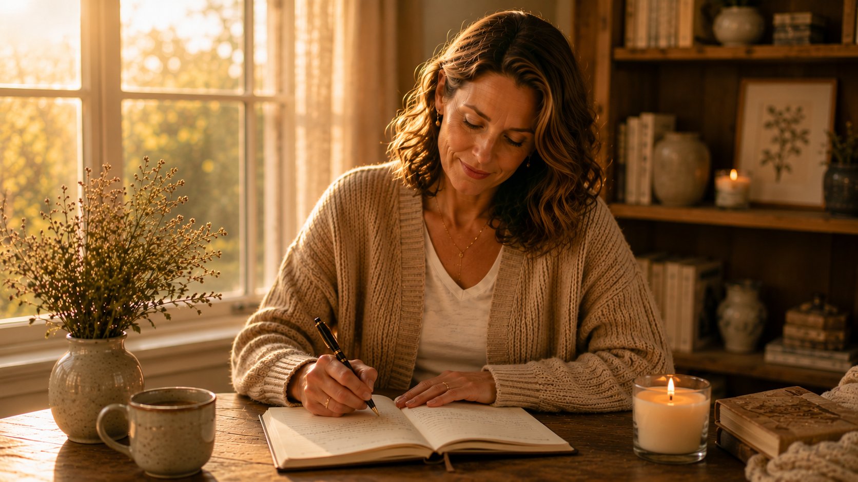 A woman writing in her journal at a warm candlelit desk, bookshelves behind her