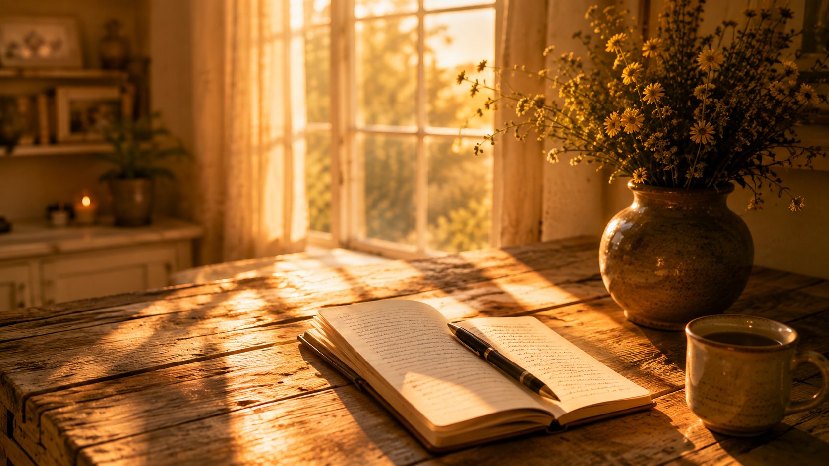 An open handwritten journal with a pen on a wooden table in golden window light