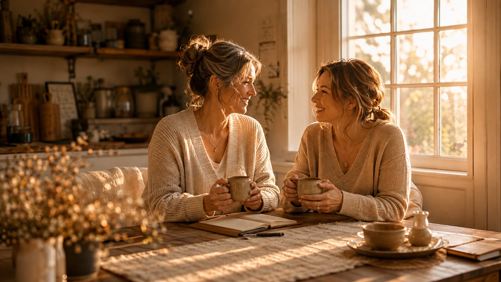 Two women sharing coffee and conversation at a kitchen table, an open journal and pen between them