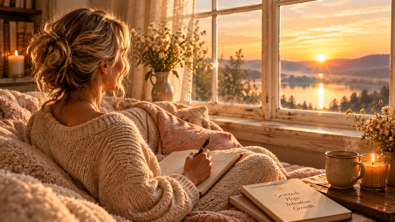 A woman writing in a journal by warm morning light
