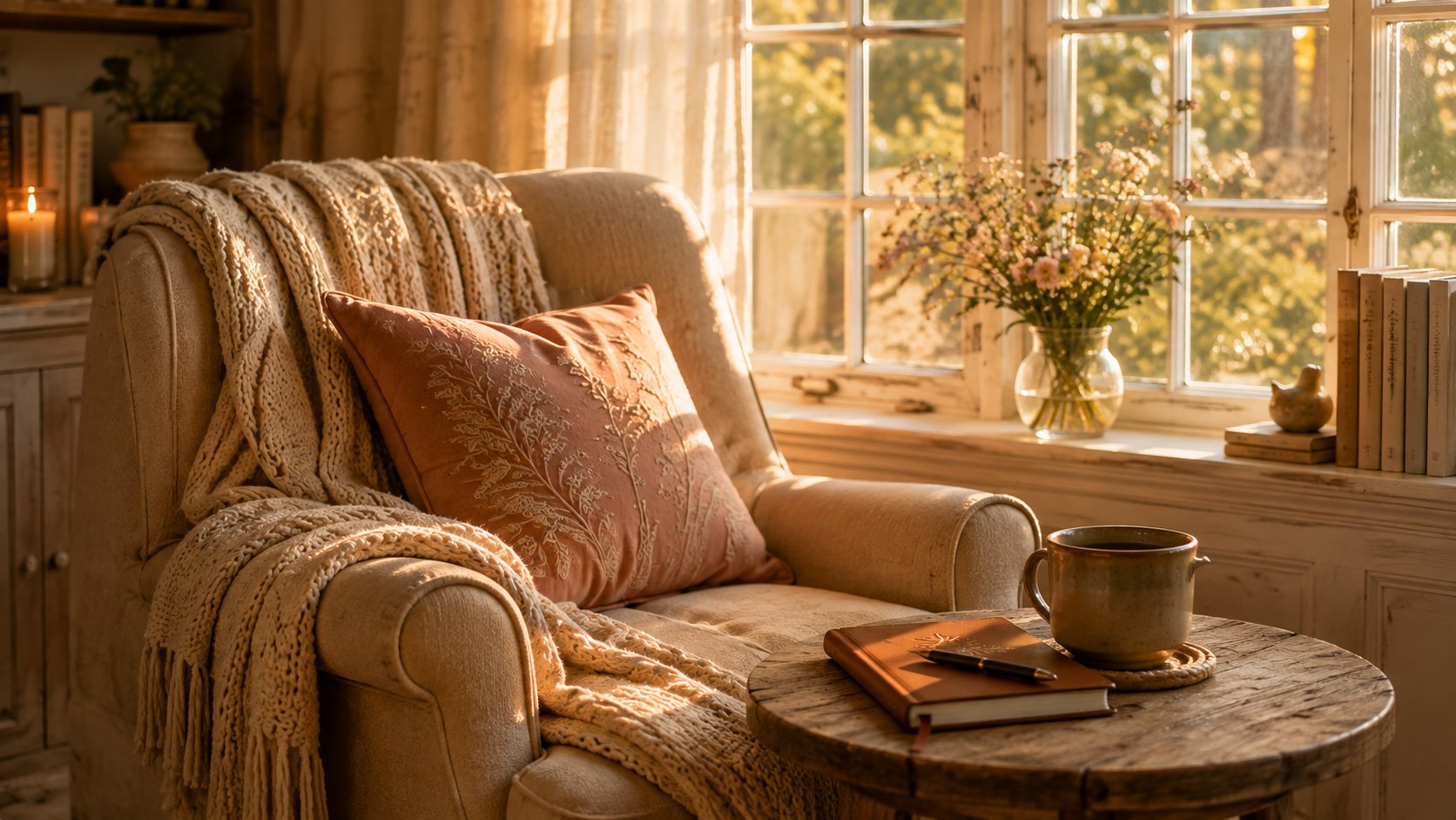 A quiet reading corner with a leather journal and pen on a wooden side table beside an armchair in warm window light