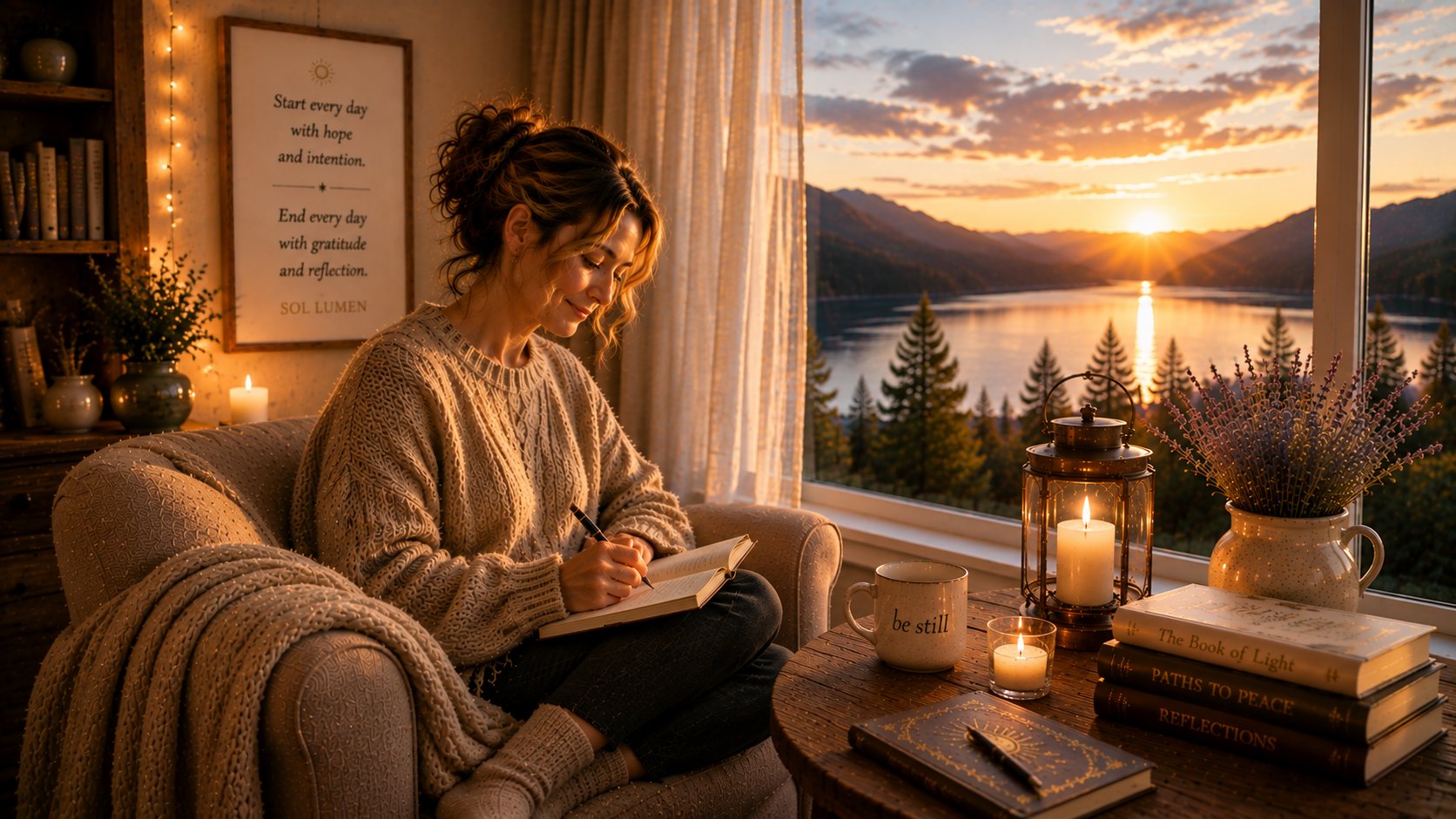 A softly lit reading corner with books, a journal, candles, and warm window light